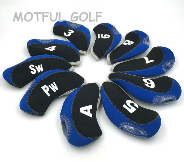 

neoprene golf iron headcover irons set two tones head cover with window 10pcs/pack blue black color numbers printed
