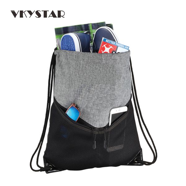 

double front zipper pockets mesh material drawstring sportspack packable cinch sack for women and men with cord closure