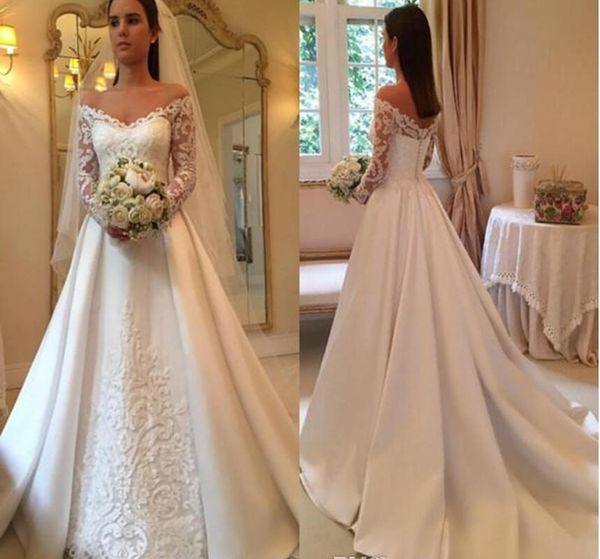 

8 country wedding dresses a line off shoulder long sleeve sweep train bridal gowns with lace applique satin plus size wedding gowns, White