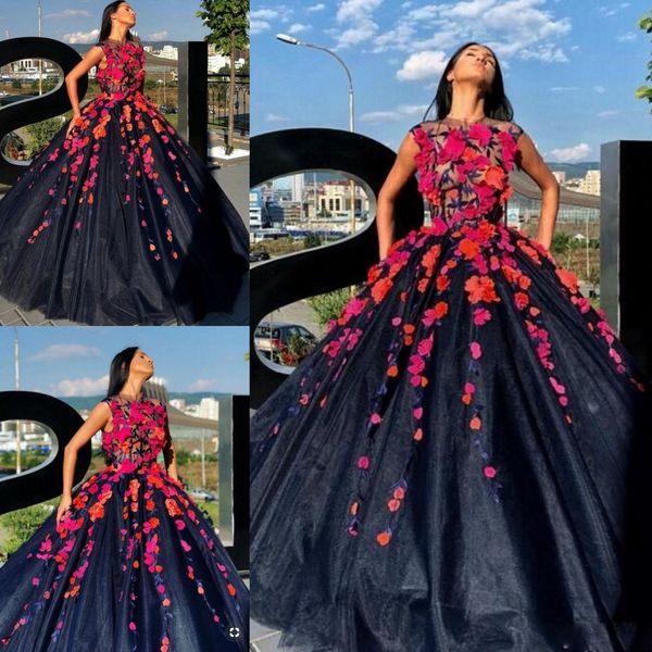 Splendidi abiti da ballo con scollo a barchetta o collo senza maniche fiori tulle blu navy abiti formali abiti da ballo lunghezza del pavimento cerniera