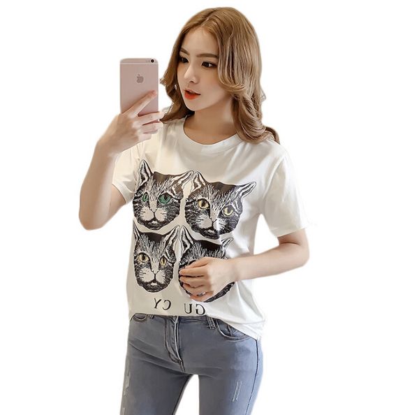 

женщины кошка печати футболка лето новая мода вырезать cat crew шеи tee новая мода повседневная топы, White