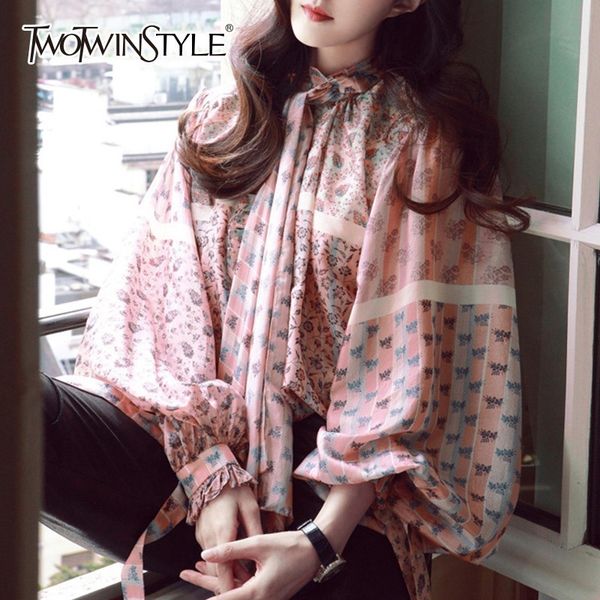 

twotwinstyle print chiffon womens and blouses shirt bow collar lantern sleeve loose women's shirts fashion clothing tide, White