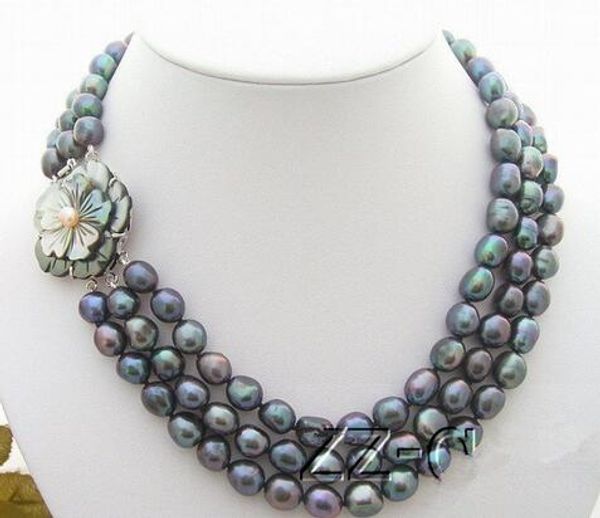 

natural freshwater pearls 3strds black pearl necklace flower clasp, Silver