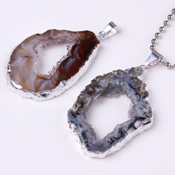 

kraft-beads trendy silver plated irregular shape natural gray agates slice geode pendant fashion jewelry, Black