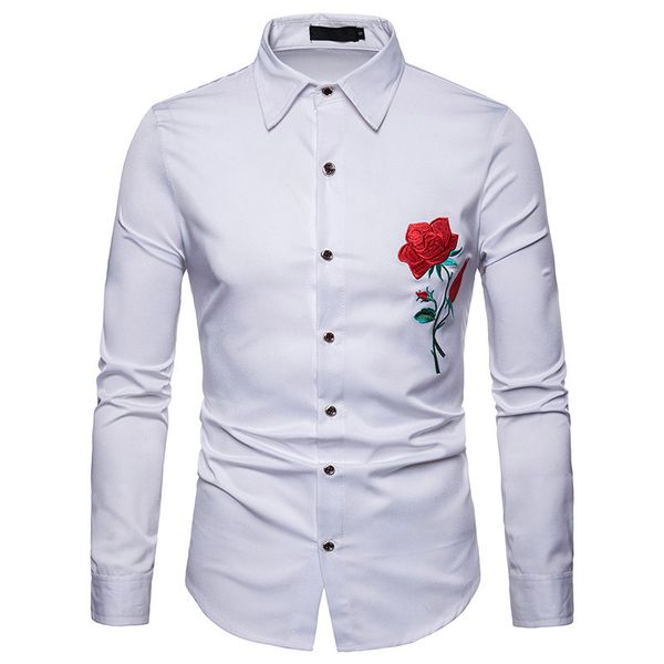 

Цветок розы вышивки рубашки Мужчины Gentleman Mens рубашка Slim Fit Кнопка вниз Свадьба ужи