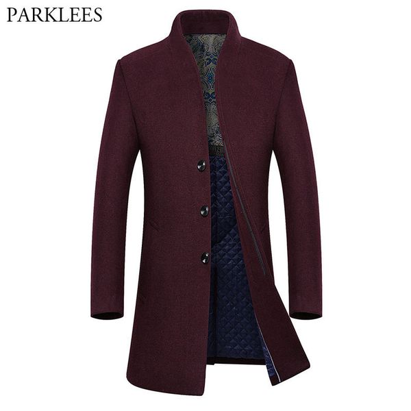 

brand wine red long trench coat men 2018 winter new men's cashmere pea coat slim fit wool &blends overcoat manteau homme, Black
