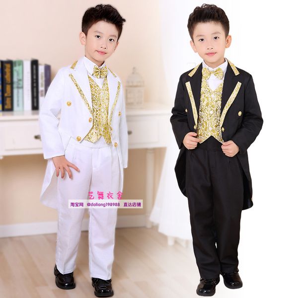 

boy formal dress tuxedo piano performance costume flower boys birthday wedding suits 5pcs jacket + vest + shirt pant tie, Black;red