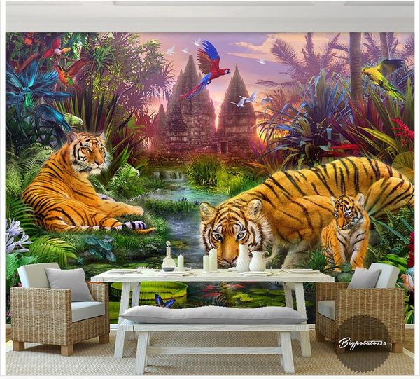 papel de parede 3D benutzerdefinierte Fototapete Wallpaper Wald bunten Papagei fliegen Lotus Teich Tiger Tier Kinder Ölgemälde Wohnkultur