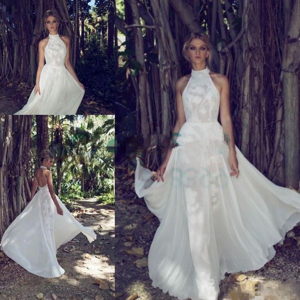 Limor Rosen 2018 Strandhochzeitskleider Neckholder Rückenfrei A-Linie Brautkleider Spitze Vintage Chiffon Brautkleid