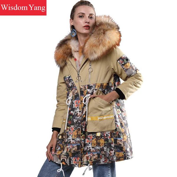 

winter warm khaki parka jacket coats womens real raccoon fur hooded down liner long oversize parka jackets overcoat outerwear, Black