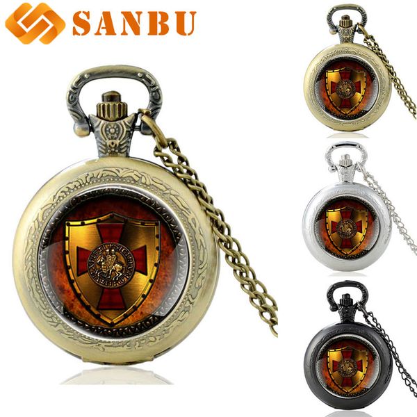 

antique bronze knight templar cross glass cabochon quartz pocket watch vintage men women cross pendant necklace jewelry, Slivery;golden