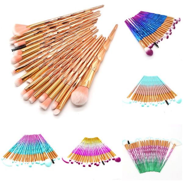 20 Pz / set Pennelli per trucco occhi Set Pennello per trucco Rainbow Diamond per ombretto Sopracciglio Pennello per eyeliner a forma di ventaglio Pennello per fondotinta in polvere