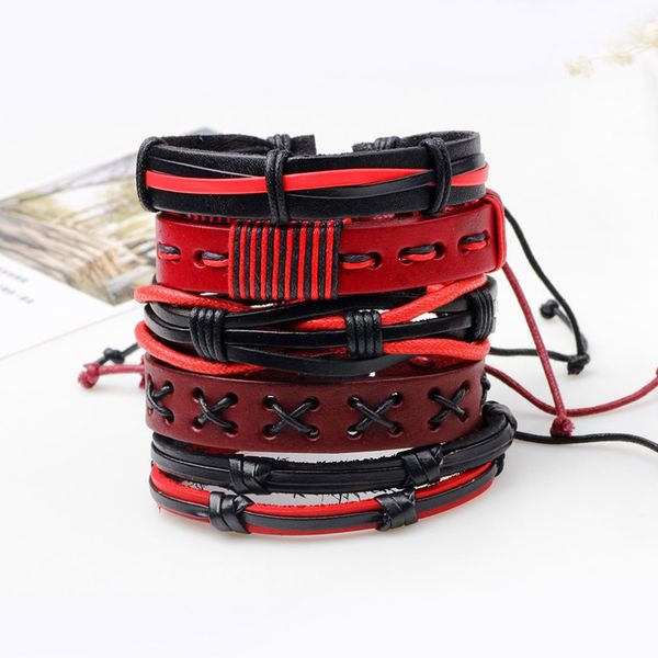 

5pcs/lot vintage ethnic charming male pulsera black red braided pu leather handmade bracelets stylish jewelry 2018 new, Golden;silver