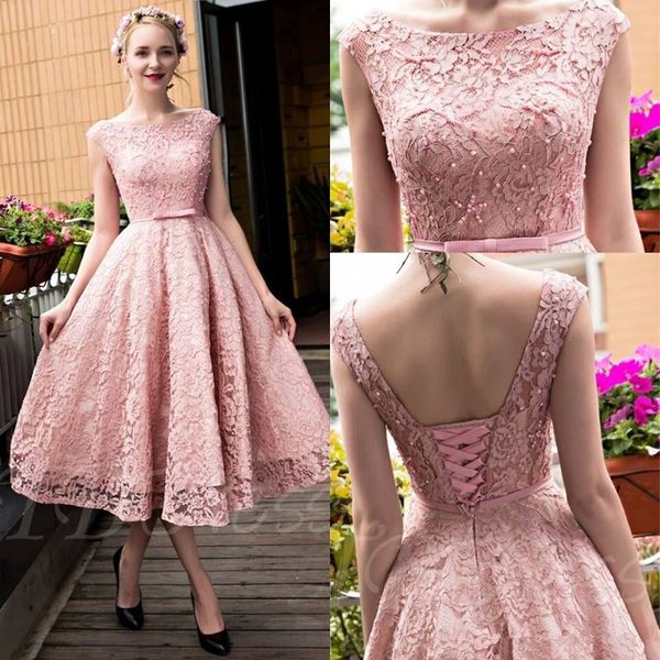 

new blush pink elegant tea length full lace prom dresses bateau neck cap sleeves corset back pearls a-line party gowns with bow, Black