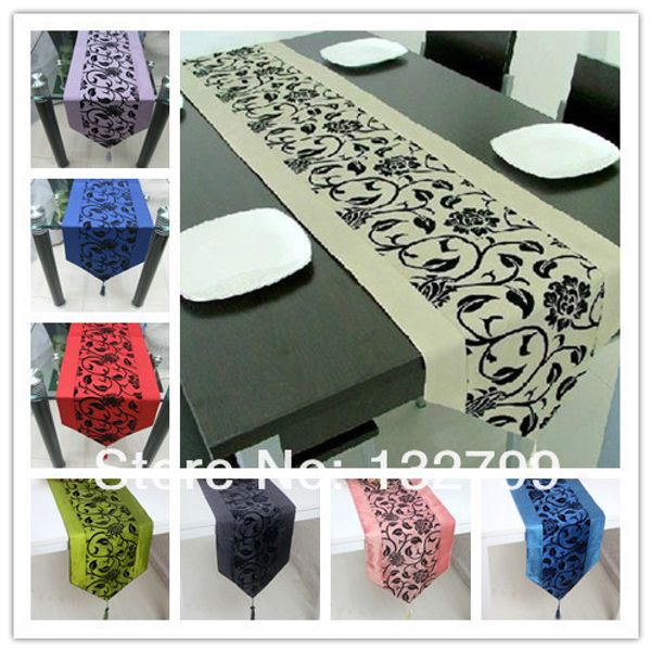 

raised flock taffeta flower table runner blossom damask tassel bed table cloth decor 79"x13" 12colors