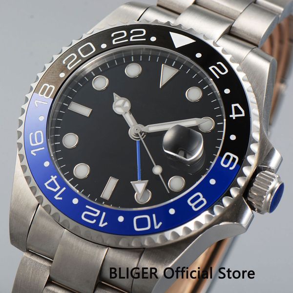 

bliger 43mm black sterile dial blue black ceramic bezel stainless steel strap luminous gmt automatic movement men's watches b24, Slivery;brown