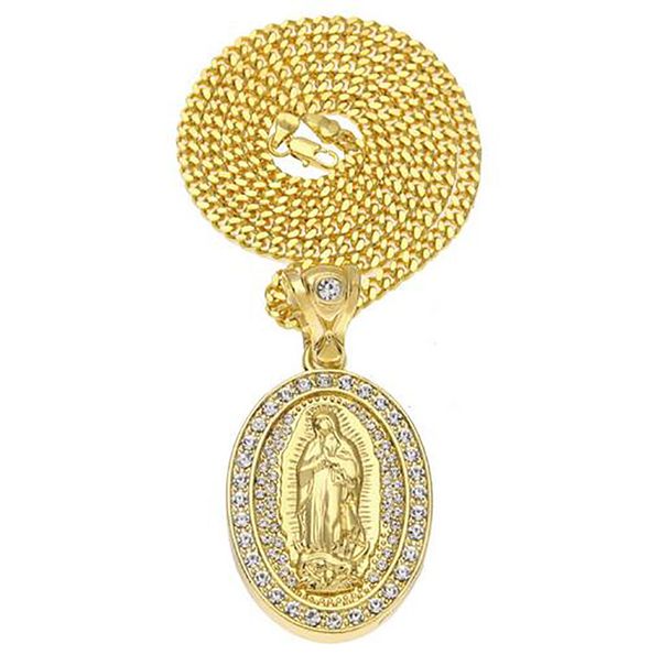 

men's hip hop christian santa maria pendant necklaces oval charm gold plated crystal rhinestone diamonds jewelry, Silver