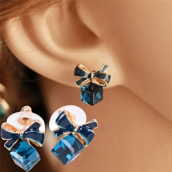 

cute blue bowknot square crystal drop earrings for women vintage fashion rhinestone dangle earrings, Silver