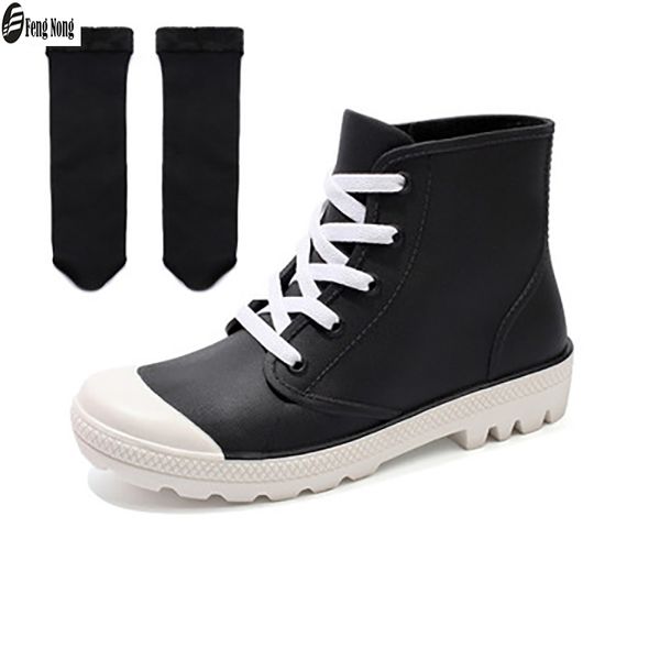 

fengnong classical rain boots winter waterproof shoes woman water rubber lace up ankle mature boots snow botas w019, Black