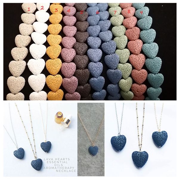 

heart lava-rock bead long volcano necklace aromatherapy essential oil diffuser necklaces black lava pendant jewelry, Silver