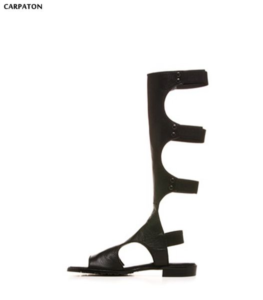 

carpaton 2018 new pu leather vamps fashion multi-segmented straps open toe style solid colors knee-high women long boots, Black