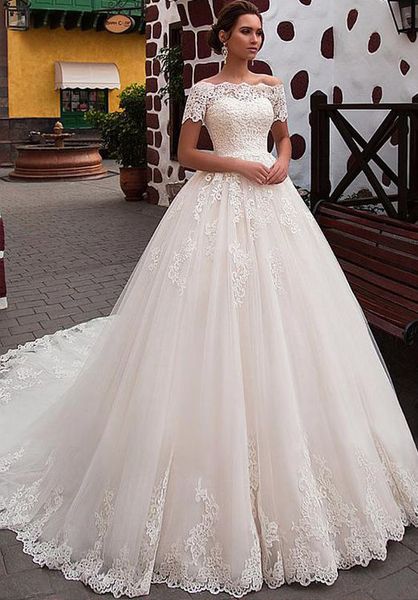 Acheter Robe De Bal Robes De Mariée Princesse Appliques Manches Courtes Col Bateau Robes De Mariée Pour Mariage Tribunal Train De $250.26 Du