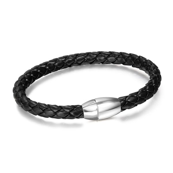 

men's black braided leather bracelet 10mm stainless steel silverly tube magnetic buckle male jewelry 8.2 inch, White