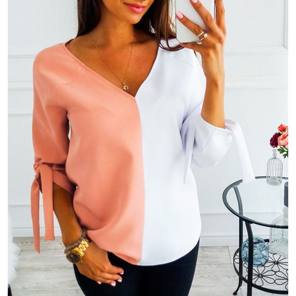 

fall clothing for women tshirt lace up long sleeve v-neck shirts patchwork autumn fashion spliced tees casual streetwear, White