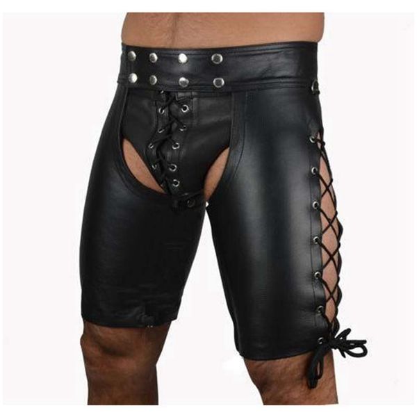 

Wild Sexy Male Leather Shorts Open Crotch Design Butt Open Faux Leather Costume for Men Lace Up Pants PVC Underwear Boxer Briefs