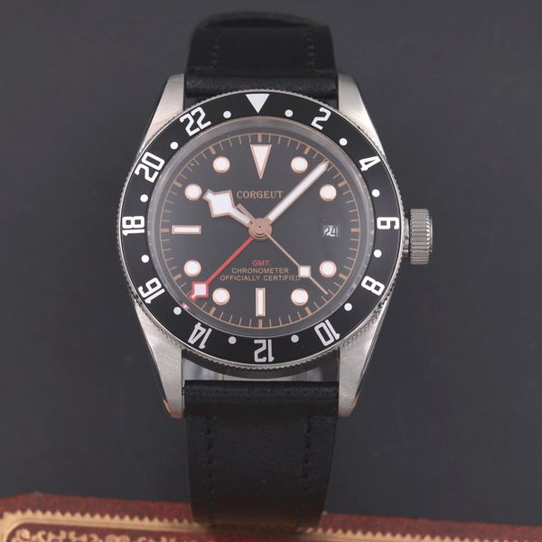 

corgeut 41mm men's automatic mechanical watch gmt sapphire calendar watch, Slivery;brown