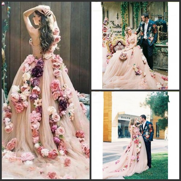 2020 Nova Champange Flores de vestidos de casamento linha de um ombro casamento Querida Designer vestidos em linha com Capela Train Vestios De Novia