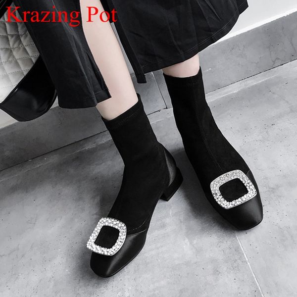 

2018 superstar large size crystal flock mid-calf boots square heel cow leather square toe strech sock boots winter shoes l66, Black