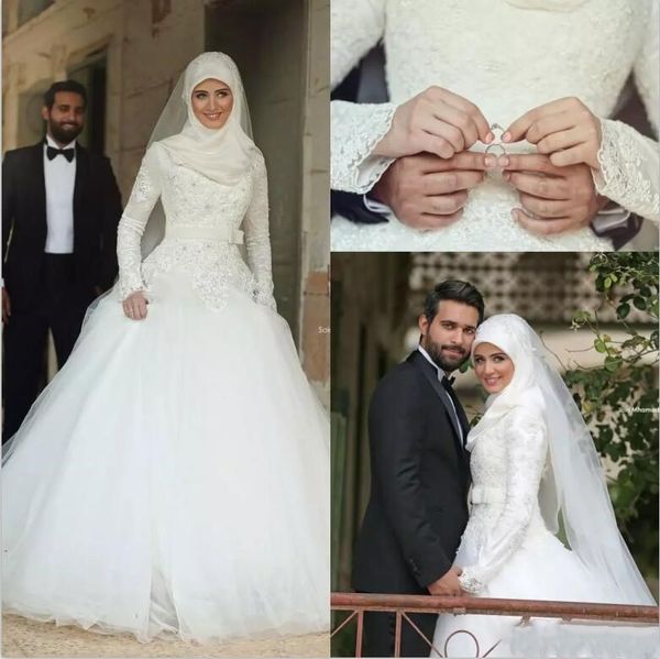 

2019 muslim wedding dresses said mhamad lace winter bridal gowns long sleeves high neck arabic islamic a-line wedding dress, White
