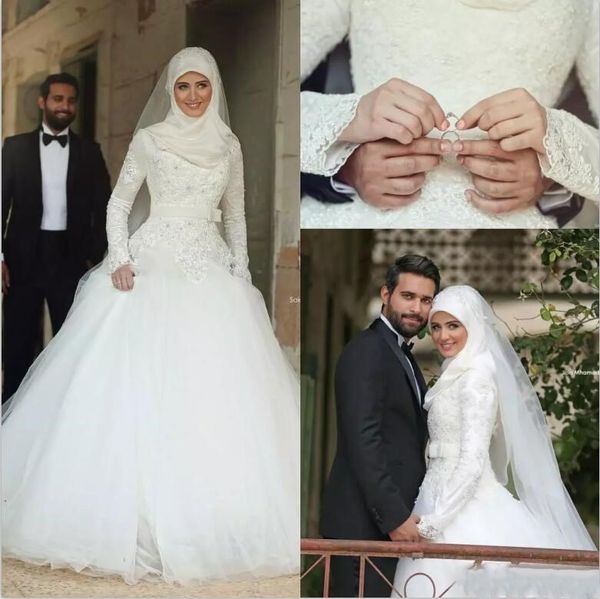 2019 vestidos de casamento muçulmanos disse Mhamad Lace Winter vestidos de noiva de mangas compridas alto pescoço árabe islâmico um vestido de casamento a linha