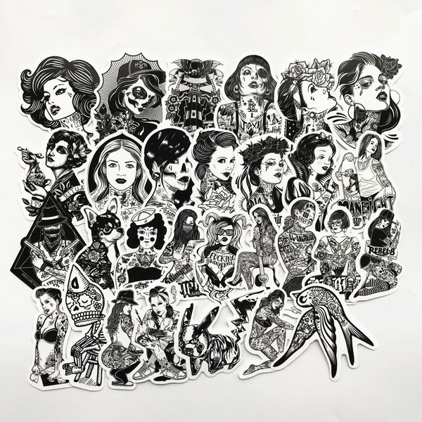 

68pcs-pack tattooed girl animal black white car skateboard motorcycle bicycle luggage lapbumper wall decals pack