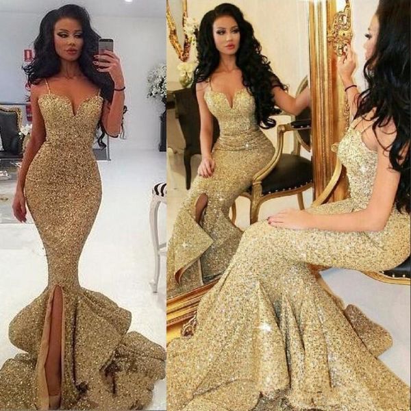 

golden sequined split prom dresses sweetheart ruffles tiered mermaid formal party gown 2018 luxury dubai celebrity evening dresses, Black;red