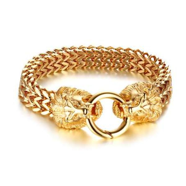 

antique double lion head herringbone chain bracelet for men stainless steel gold tone hip hop punk men jewelry 22.5cm, Black