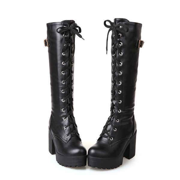 Gothic Square Chunky Block Alto Salto Alto Andar Botas Mulheres Lace Up Grosso Plataforma Rocha Punk Cosplay Knee Botas High Boots