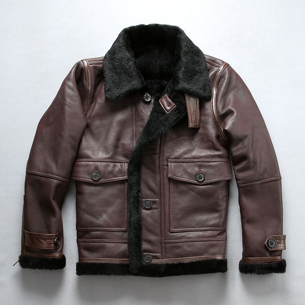 

2018 avirexfly oil wax flocking flight leather jacket with single breasted men double face lamb fur lining genuine leather jacket, Black