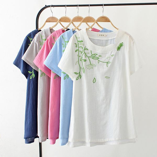 

summer fat mm thin cotton t-shirt linen embroidery green leaf short sleeve t shirt women new fashion casual tshirt pure color, White