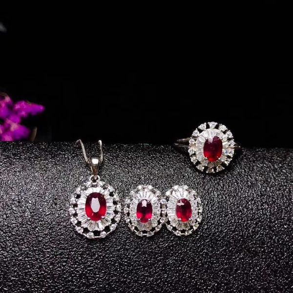 

natural red ruby jewelry sets natural gemstone ring earring pendant s925 silver fashion round wedding dress women wedding gift, Black