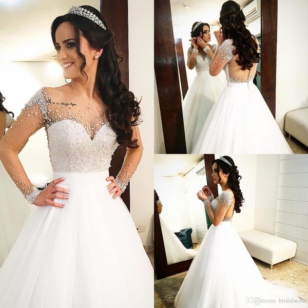 

элегантный белый с длинным рукавом корсет свадебные платья плюс размер дизайн жемчуг бисером страна изысканный свадебное платье игристое кно, White