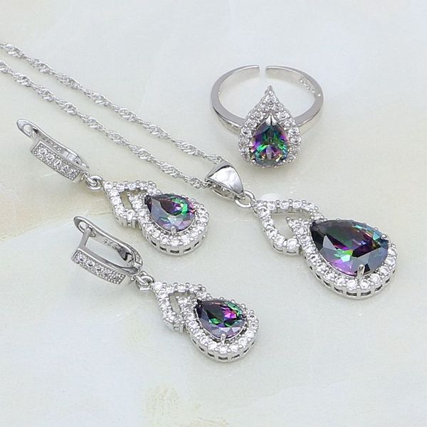 

mystic rainbow cubic zirconia 925 sterling silver bridal jewelry sets for women adjustable open ring/necklace/earring/pendant, Slivery;golden