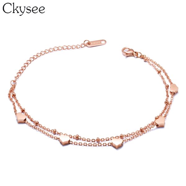 

ckysee stainless steel love chain golden double layer bracelet with heart charms and 5cm extension chain jewelry, Golden;silver