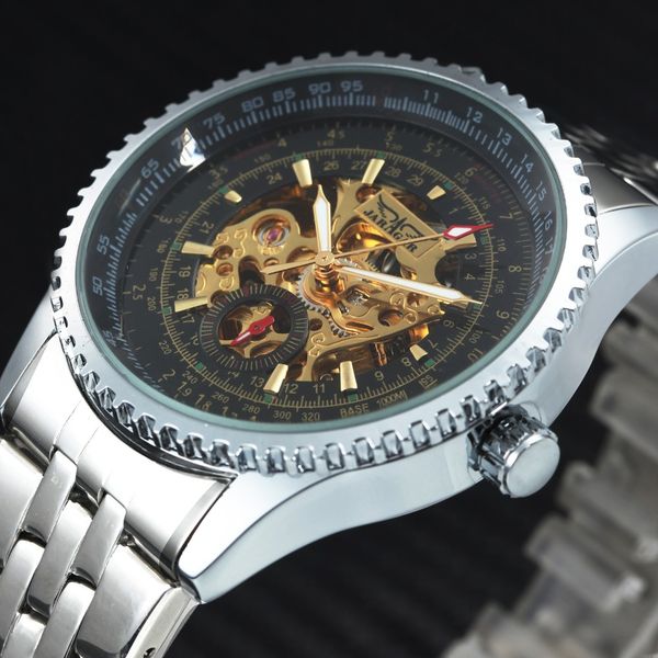 

2018 new fashion men's automatic mechanical watches winner skeleton wristwatches full stainless steel strap, Slivery;brown