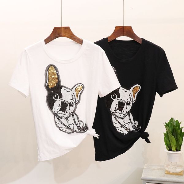 

2018 new fashion summer women's cartoon dog patch sequined short sleeved white t-shirt all-match female tees students