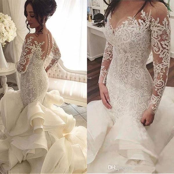 

vestido de noiva long sleeves wedding dresses with sheer neck vintage mermaid appliques lace tulle bridal gowns, White