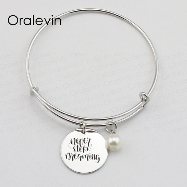 

never sdreamin inspirational hand stamped engraved charm pendant expandable wire bracelet bangle jewelry,10pcs/lot, #ln1930b, Black
