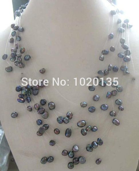 

15rows freshwater pearl black baroue 6-8mm necklace 16-19inch nature beads, Silver