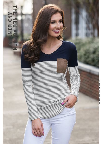 

blouse block autumn long shirt striped sleeve patched pocket 2018 sweatshirt color v-neck casual loose women t-shirt dpslf, Black